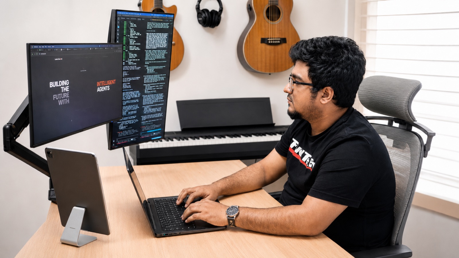 Shakil Mahmud building AI-native products at his studio desk